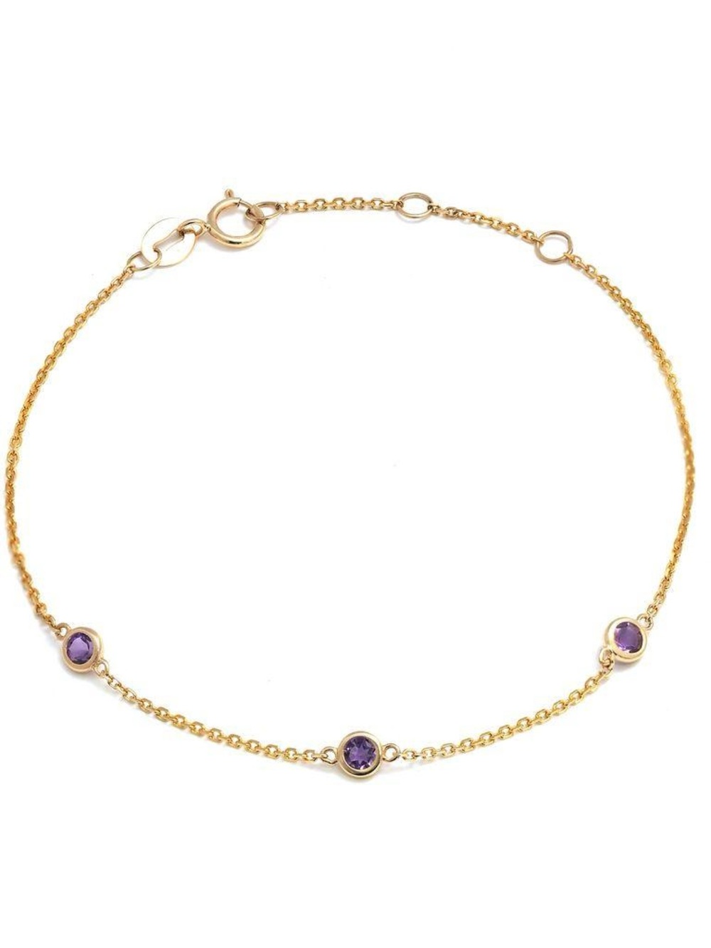 14K Real Yellow Gold Three Round Bezel Set Amethyst Bracelet
